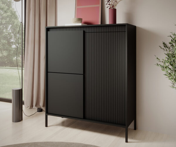 AX LIVING Trentinis 3T Beige / Schwarz / Eiche Cremona Highboard modern 103,5 cm, geriffeltes