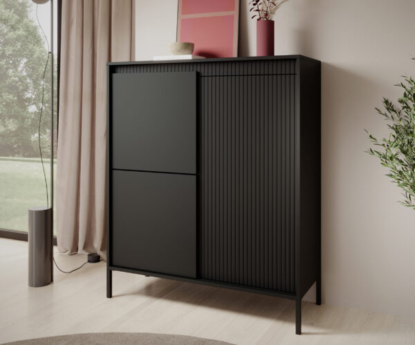 AX LIVING Trentinis 3T Beige / Schwarz / Eiche Cremona Highboard modern 103,5 cm, geriffeltes