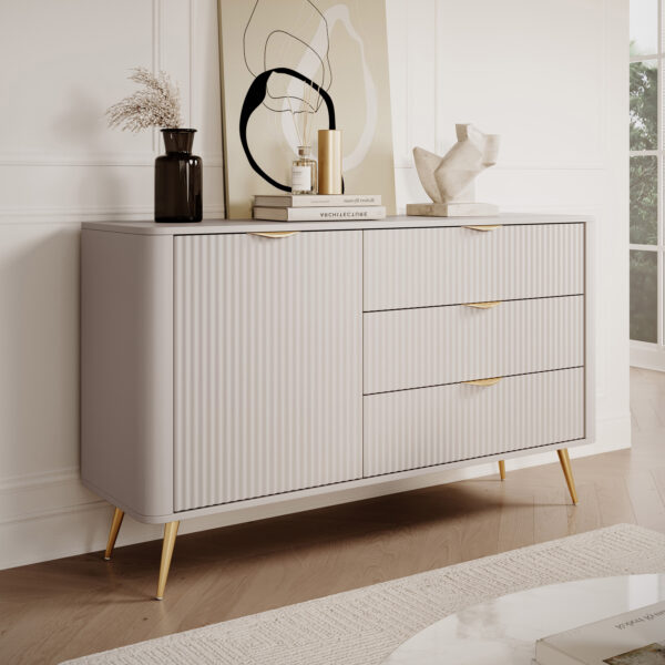 AX LIVING Modern Schubladen Sideboard Vespasia 138 T3S Beige / Schwarz / Weiß
