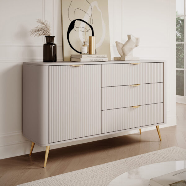 AX LIVING Modern Schubladen Sideboard Vespasia 138 T3S Beige / Schwarz / Weiß