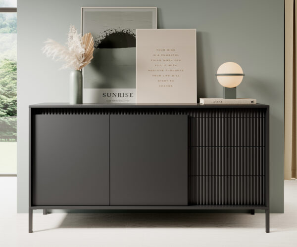 AX LIVING Trentinis 153 2T3S Beige / Schwarz / Eiche Cremona Sideboard, 153,5 cm geriffeltes