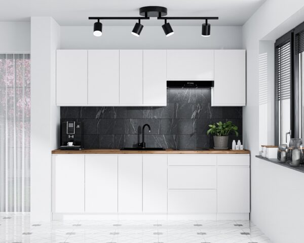 AX LIVING Aquileia Küchenzeile 240 cm – Weiß / Grau mit Arbeitsplatte