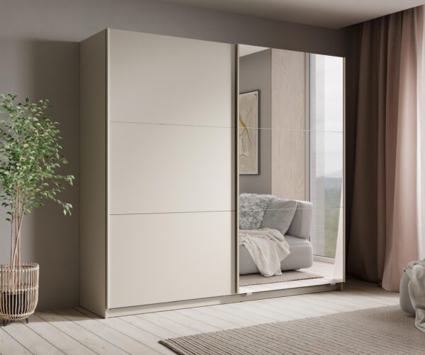 AX LIVING Kleiderschrank Spiegel Lunoria 221 cm Weiß / Kaschmir