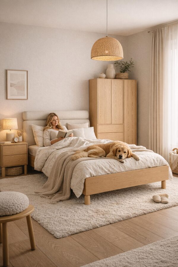 AX LIVING Soulme 140 x 200 Bett 147 cm breit, Bookmatch-Dekor, Kopfteil in Creme