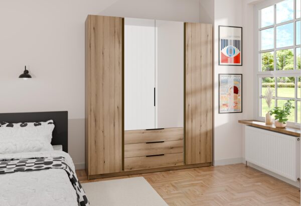 AX LIVING Nehir Kleiderschrank 200 cm, 2 Spiegel mittig, 3 Schubladen