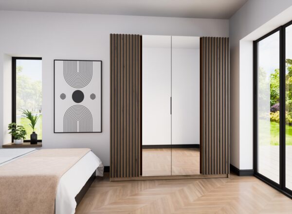 AX LIVING Nehir Kleiderschrank 200 cm, Lamellen außen, Spiegel mittig