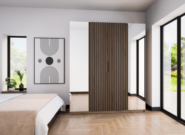 AX LIVING Nehir Kleiderschrank 200 cm, Spiegel außen, Lamellen mittig