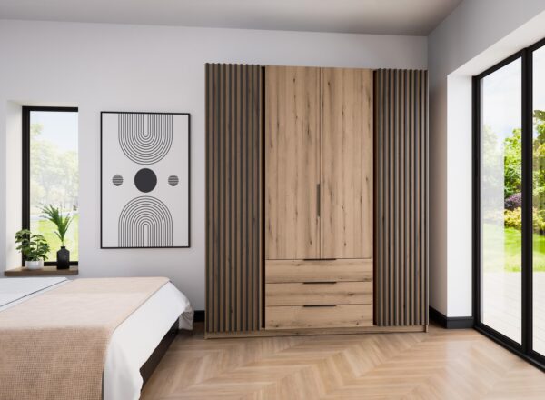 AX LIVING Nehir Kleiderschrank 200 cm, 2 Lamellentüren außen, 3 Schubladen