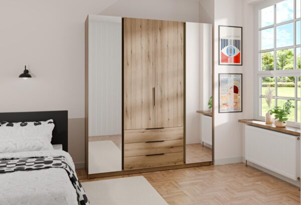 AX LIVING Nehir Kleiderschrank 200 cm, 2 Spiegel außen, 3 Schubladen