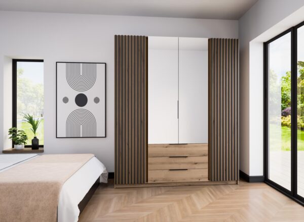 AX LIVING Nehir Kleiderschrank 200 cm, Lamellen außen, Spiegel mittig, 3 Schubladen
