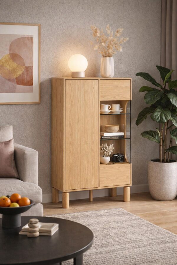 AX LIVING Soulme Vitrine Eiche 89 cm breit in Bookmatch mit Glasfront
